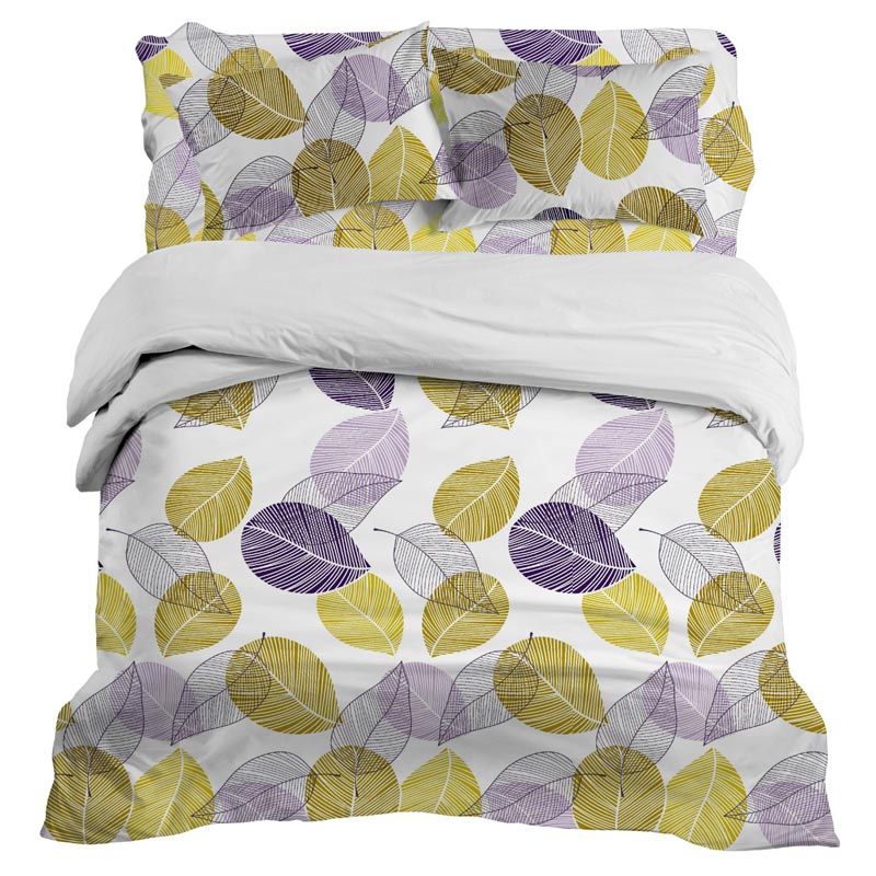 Plumón Sherpa + Sábana Microfibra 1.5 Plazas / Blanco Hojas Azul Amarillo - Doral