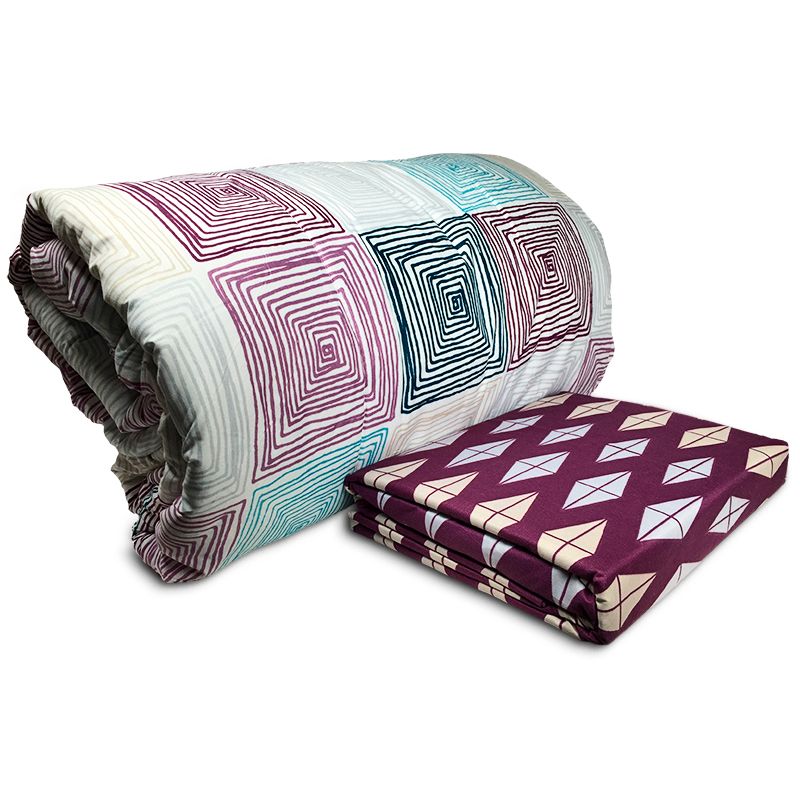 Plumón + Sábana 2 Plazas Cuadros Lila Celeste Beige - Doral