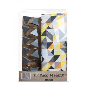 Set de Baño 14 Piezas Luxury Triángulos Amarillo Mostaza Negro - Doral