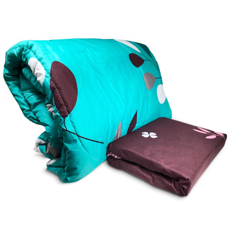 Plumón + Sábana 1.5 Plazas Set Dormitorio Fondo Turquesa Hoja Rosado Café - Doral