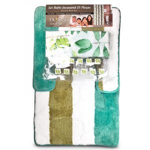 Set de Baño Jacquard 15 Piezas Franjas Verde Blanco Diseño Hojas - Doral