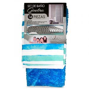 Set de Baño 14 Piezas Ginebra Celeste Franjas Blanco Verde - Doral