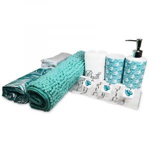 Set de Baño Ema 18 Piezas Verde Agua Hojas Verdes - Doral