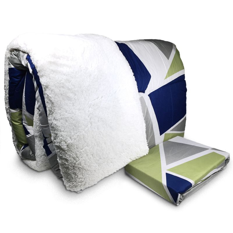 Plumón Sherpa + Sábana Microfibra 1.5 Plaza Geométrico Verde Azul - Doral