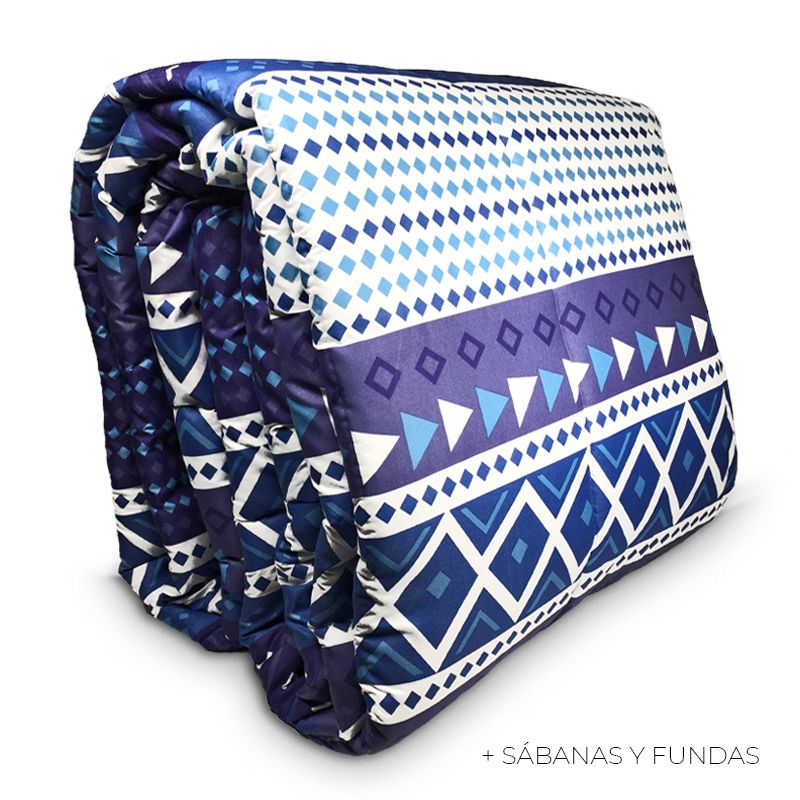 Plumón Estampado + Fundas + Sábanas 2 plazas / Geométrico Azul Blanco - Key Home