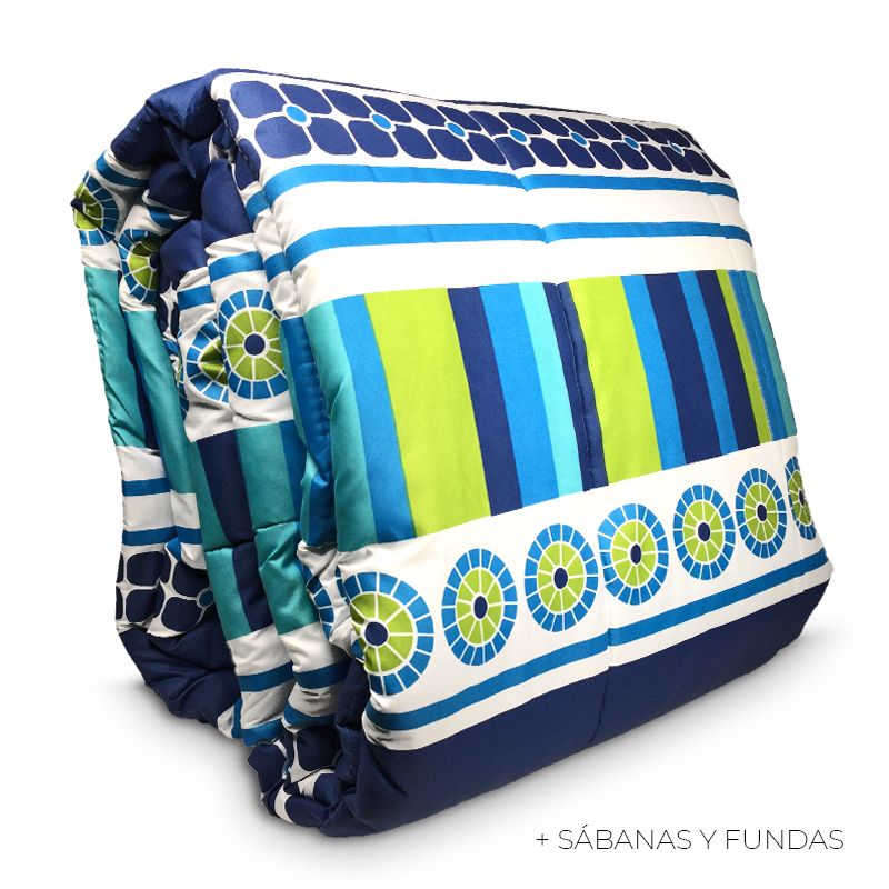 Plumón Estampado + Fundas + Sábanas 2 plazas / Geométrico Azul Verde - Key Home