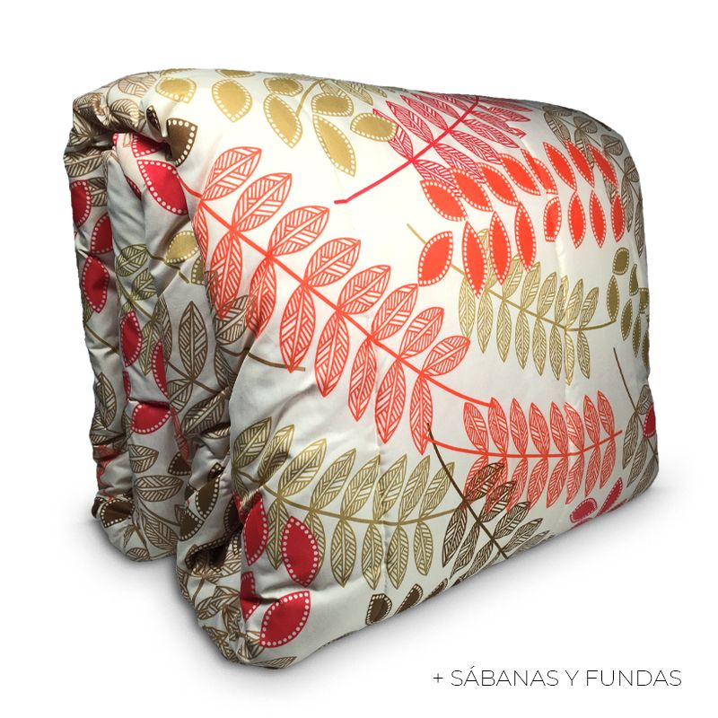 Plumón Estampado + Fundas + Sábanas 2 plazas / Hojas Beige Salmón - Key Home
