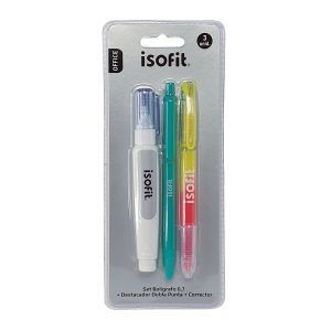 Blister Set Bolígrafo 0.7 + Destacador doble punta + Corrector - Isofit
