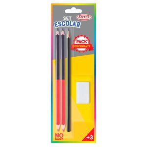 Set Escolar Lápiz Grafíto + 2 Lápices Bicolor + Goma - Artel