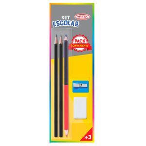 Set Escolar 2 Lápices Grafíto + 1 Lápiz Bicolor + Goma + Sacapuntas - Artel