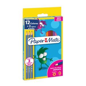 Lápices 12 Colores Hexagonal+ 3 Lápices Grafitos - Paper Mate