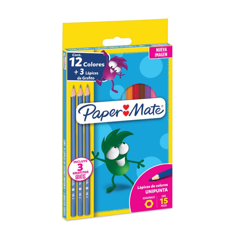 Lápices 12 Colores Hexagonal+ 3 Lápices Grafitos - Paper Mate