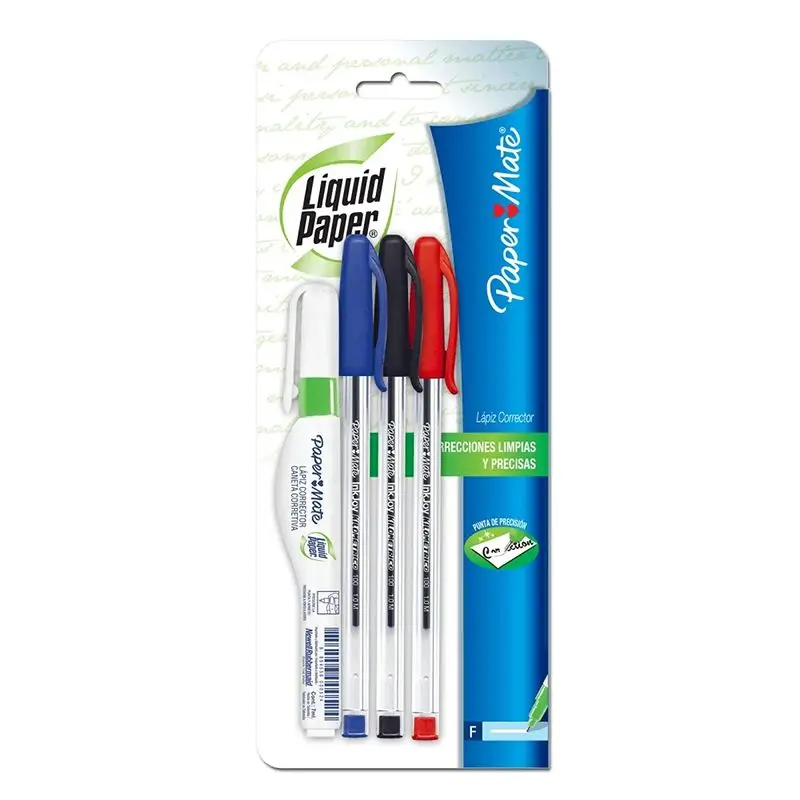 Liquid Paper Lapiz Corrector + 3 Boligrafos Colores Basicos - Paper Mate