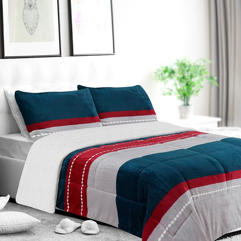 Cubrecama Sherpa Flannel Deluxe Estampado 2 pza / Franjas Azul Gris Burdeo - Doral
