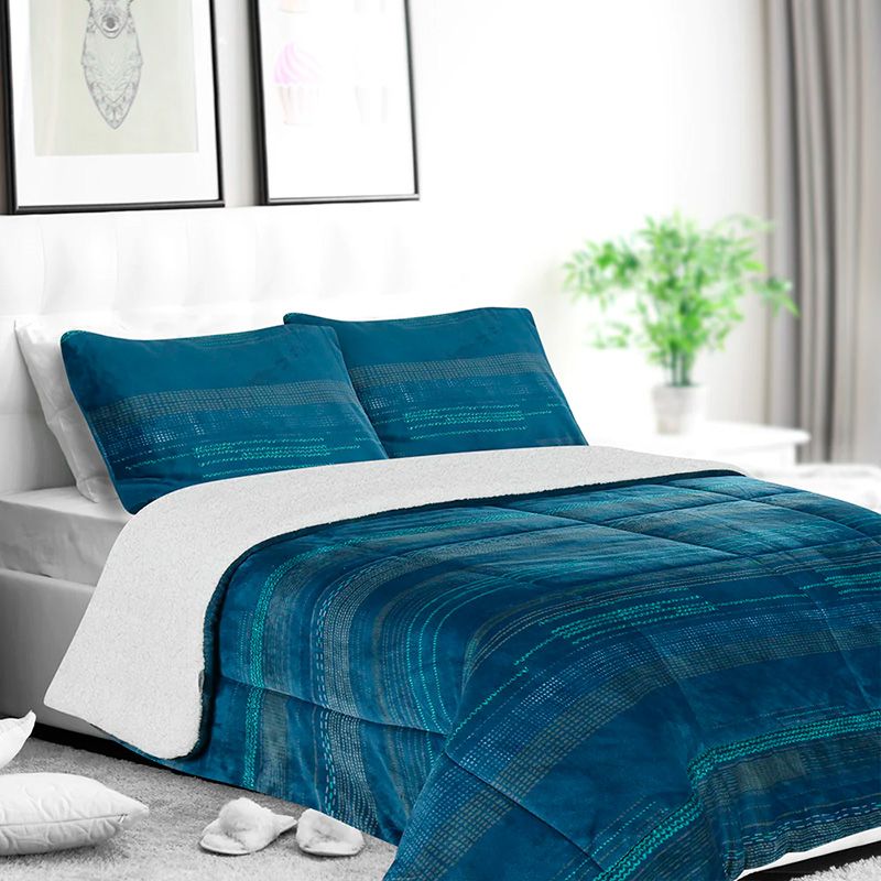 Cubrecama Sherpa Flannel Deluxe Estampado 2 pza / Listado Discontinuo Azul- Doral