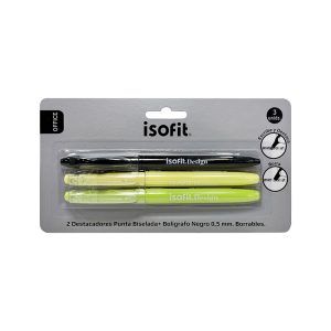 Set 2 Destacadores Borrables + 1 Bolígrafo Negro - Isofit