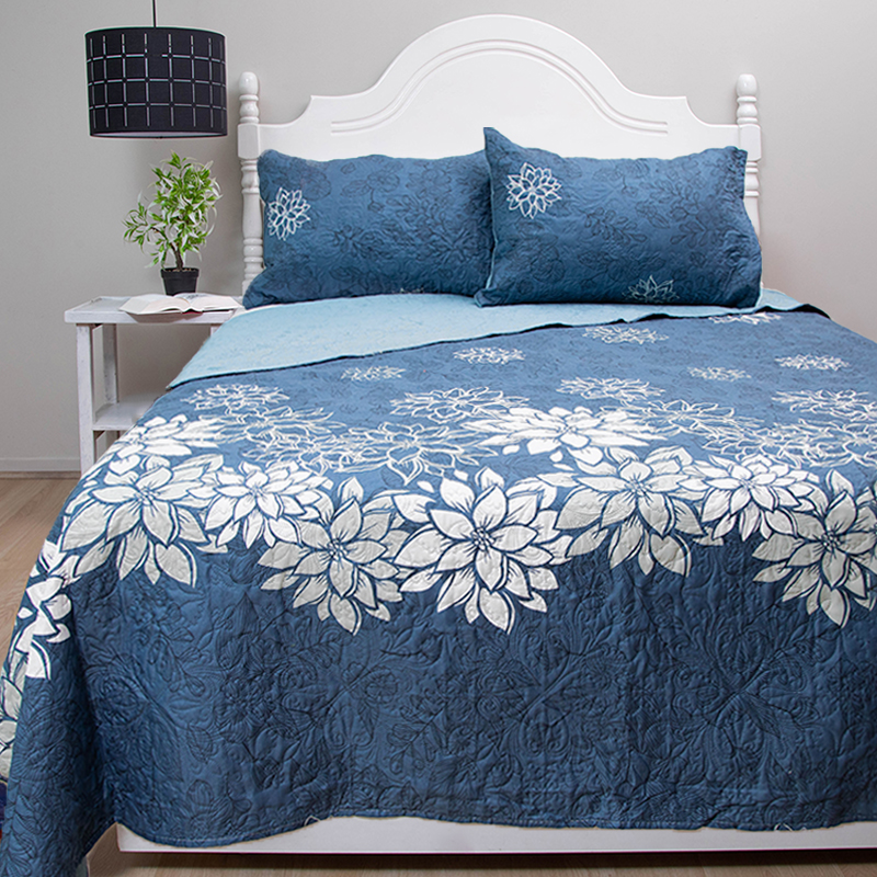 Quilt Hotpress Estampado 2 Plazas / Flor Azul Blanco - Doral