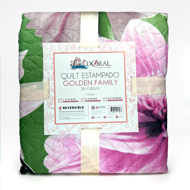 Quilt Hotpress Estampado Golden Family Sin Fundas 2 Plazas / Pétalos Lila Verde - Doral