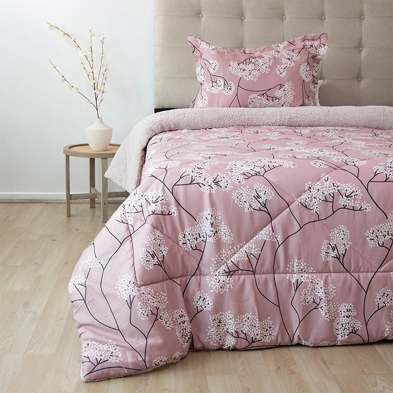 Plumón Estampado Deluxe Sherpa 1.5 Plazas / Flores Blanco Rosa - Doral