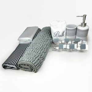 Set de Baño Ema 18 Piezas / Franjas Gris Blanco y Negro - Doral