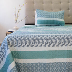 Quilt Stitchy Estampado 1.5 Plazas / Franjas Turquesa y Blanco - Doral