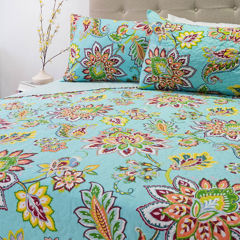 Quilt Stitchy Estampado 2 Plazas / Flores Turquesa y Amarillo - Doral - Imagen 3