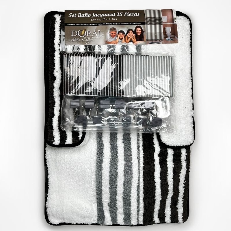 Set de Baño 15pcs Jacquard / Líneas Negro Gris - Doral