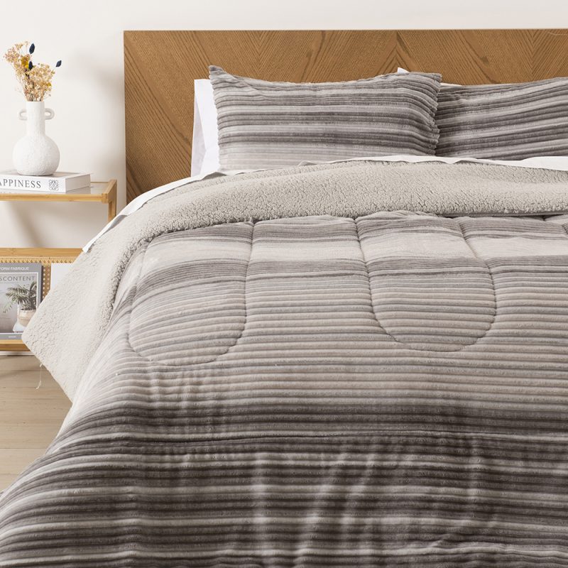 Plumón Corduroy Sherpa 1.5 Plazas / Líneas Gris - Mashini