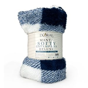 Manta Softy Estampada /  Cuadrillé  Azul Blanco