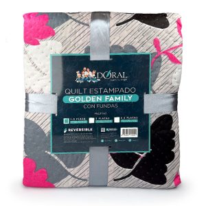 Quilt Hotpress Golden Family 1.5 plazas/ Hojas Gris Fucsia- Doral