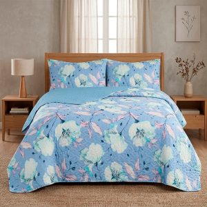 Quilt Stitchy Estampado 2.5 Plazas / Flores Celeste Lila - Doral