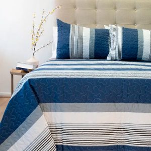 Quilt Stitchy Estampado 2.5 Plazas / Franjas Azul Blanco - Doral