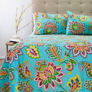 Quilt Stitchy Estampado 2.5 Plazas / Flor Turquesa Amarillo - Doral