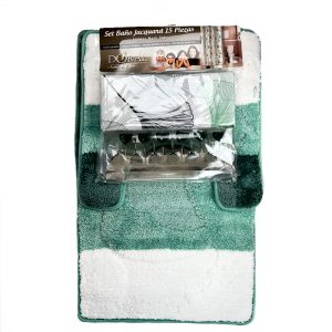 Set de Baño 15 pcs Jacquard / Franjas Petróleo Menta Blanco - Doral
