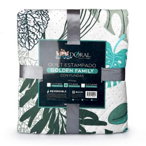 Quilt Hotpress Golden Family 2 plazas / Hojas Blanco Verde - Doral